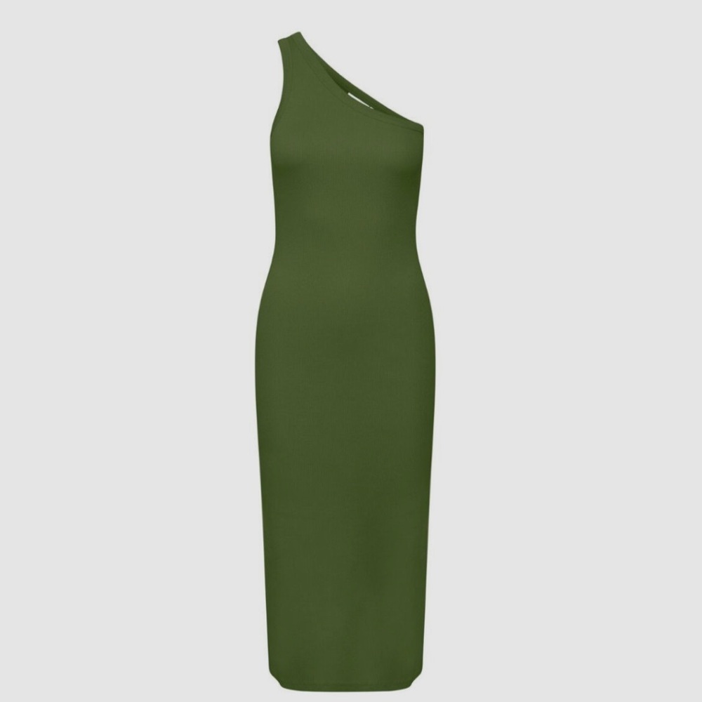 Gestuz DrewGZ One Shoulder Dress Midi Olive Green Ribbed